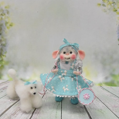 Needle Felted Spring Mouse Shopping Girl With Pet Poodle And Poodle Skirt!..........Free U.S. Shipping too! shops