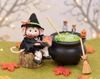 Nadel gefilzte Halloween Maus Hexe mit Kessel