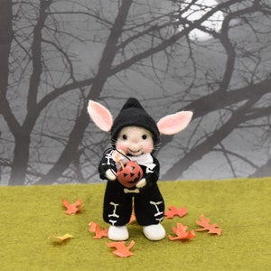 May include: A small, white rabbit wearing a black and white skeleton costume and holding a small orange jack-o'-lantern. The rabbit is standing on a green grassy surface with fallen autumn leaves.