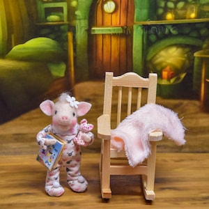 Needle Felted  "Piggy" With Book, Rocking Chair And Mini Piggy toy! ...........Free U.S. Shipping too!