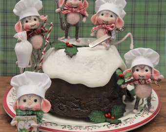 Mini Mice Christmas Cake Baking Scene, Vignette, Needle Felted!.............Free U.S. Shipping Too!