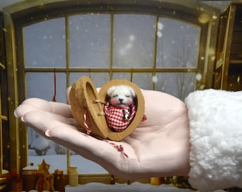 Needle Felted Tiny Christmas Puppy Sleeping in Walnut Shell Box