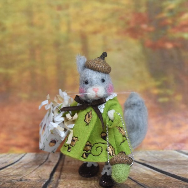 Needle Felted Girl Fall Squirrel Shopping With Embroidered Coat! Free U.S. Shipping Too!