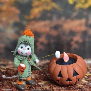 Camp Fire Mouse With Lighted Jack-O-Lantern Or Pumpkin Campfire And Embroidered Coat, Needle Felted....Free U.S. Shipping Too!