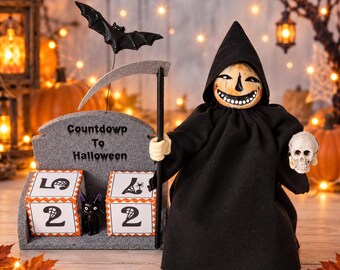 Miniature Halloween Count Down Accessory Blocks With Handmade Grim Reaper, Handmade