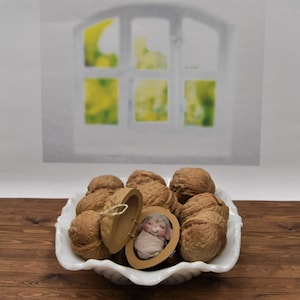 Needle Felted Spring Baby Mouse Sleeping In A Walnut Shell Box!  Free U.S. Shipping Too!