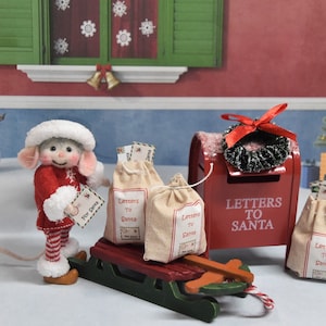 Needle Felted &quot;Santa&#39;s Helper&quot; Mouse Elf With Sled, Mail Box and Bags Of Mail! Free Shipping Too!