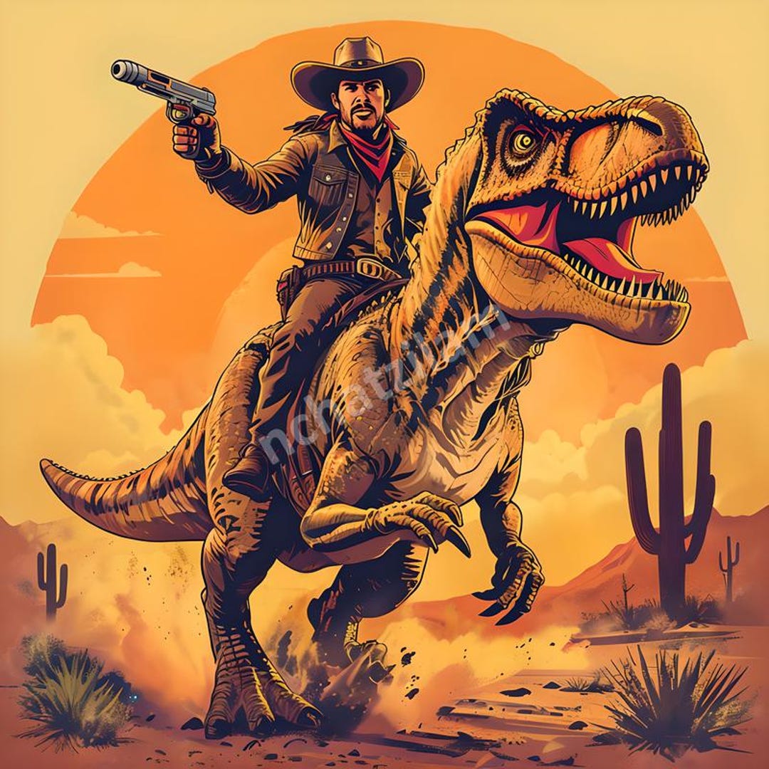 Dinosaur, Cowboy Riding A T-rex in A Sunset Desert Landscape - Etsy