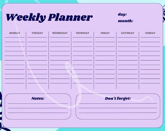 Agenda hebdomadaire violet | Agenda hebdomadaire numérique avec notes et section « N'oubliez pas »