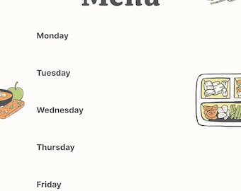 Planificateur de repas hebdomadaire | Menu du midi pour l'école à la maison | Tableau des menus