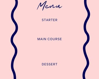 Modèle de menu de restaurant rose élégant | Entrées, plat principal, dessert (téléchargement numérique)