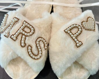Bride Slippers Personalized MRS, Wedding Getting Ready Shoes, Custom Gift for Her