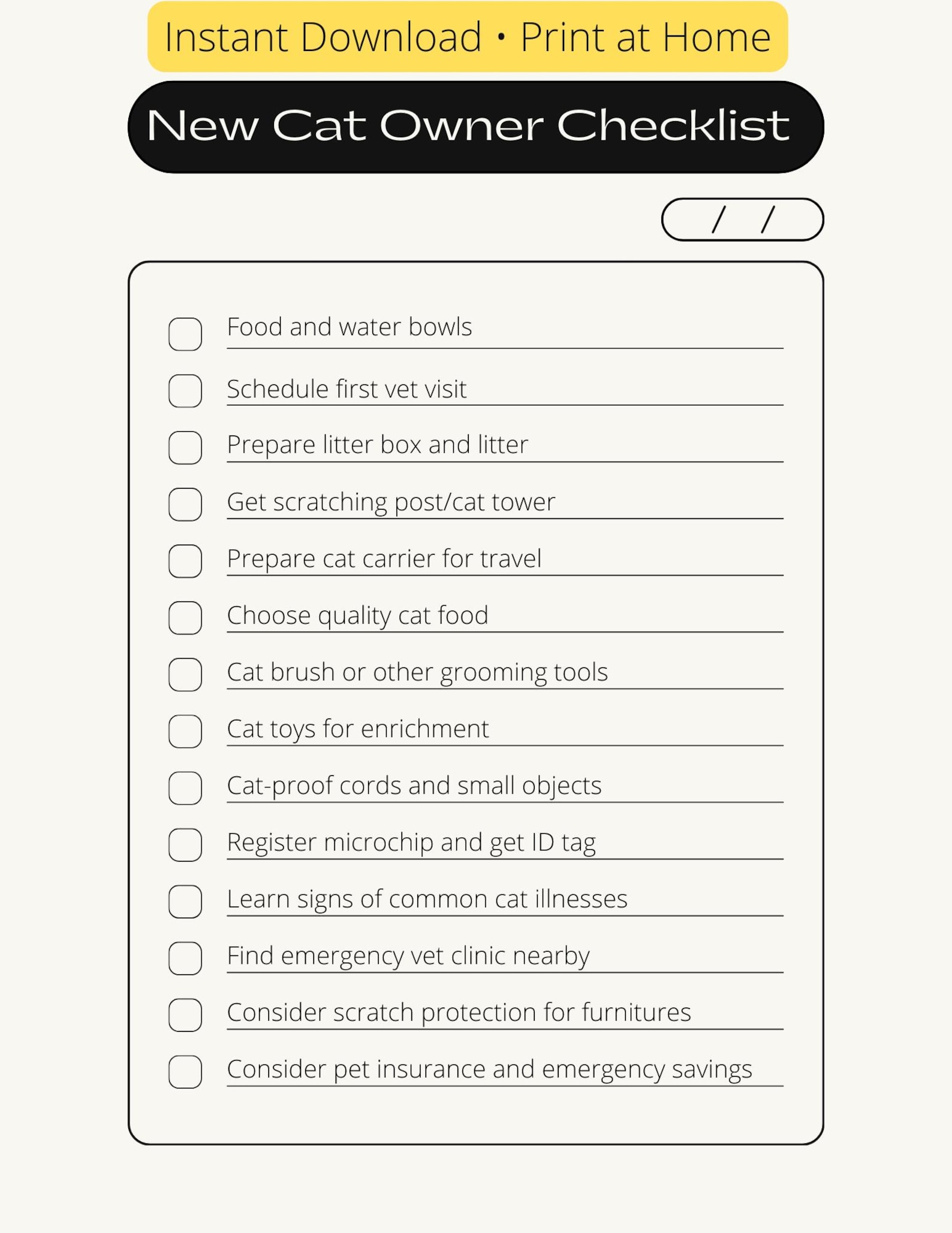 Cat Checklist New Cat Owner Checklist Printable | First Time Cat Supplies Checklist ...