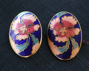 Vintage Peach Flower Blue Cobalt Enameled Earrings