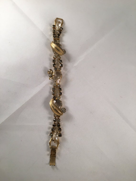 Vintage Gold Rhinestone Bracelet with Floral & Le… - image 1