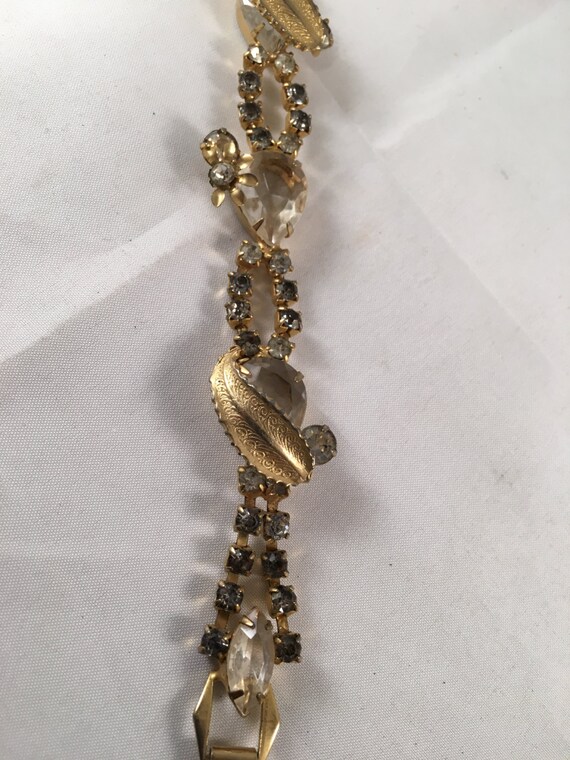 Vintage Gold Rhinestone Bracelet with Floral & Le… - image 3