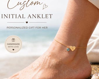 Personalized Initial Heart Ankle Bracelet with Birthstone, Gold Heart Charm Anklet, Custom Letter Anklet, Dainty Foot Jewelry, Gift for Her