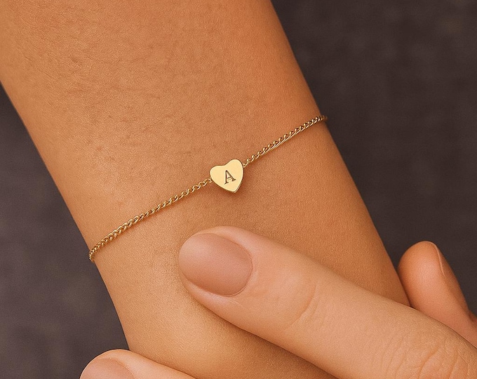 Custom Initial Bracelet, Minimalist 3D Heart Charm Bracelet, Engraved Letter Bracelet, Gold Bracelet, personalised Jewelry,Mother's day gift