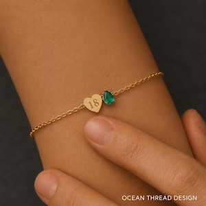 Personalized Birthstone Bracelet, Custom Heart Number Bracelet, Minimalist Gold Heart Bracelet, Milestone Birthday Gift, Gift for Her