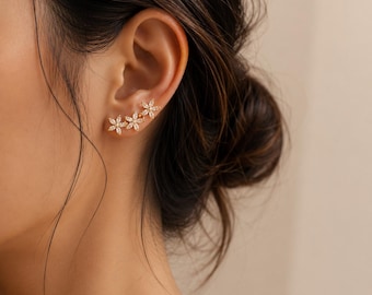 Gold Floral Ear Climber Earrings, Dainty Flower Earrings, Bridal Ear Crawlers, Crystal Wedding Earrings, Bridesmaid Gift for Her
