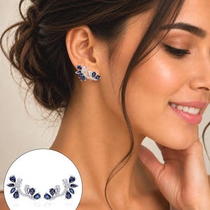 Pendientes trepadores de zafiro azul, pendiente de hoja de plata, pendientes trepadores de cristal en forma de enredadera, regalo de joyería de boda para mujer, joyería minimalista