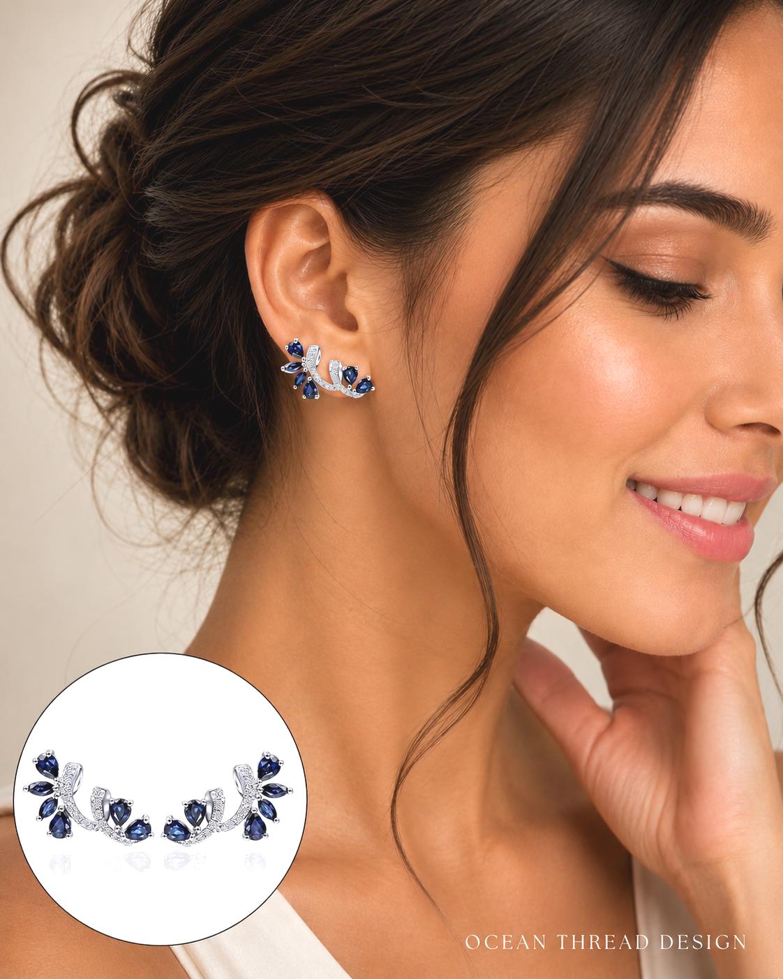 Blue Sapphire Ear Climber Earrings, Silver Leaf Ear Cuff, Crystal Vine Climbing Earrings, Wedding Jewelry Gift for Women, Minimalist Jewelry