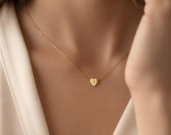 Custom Initial Heart Necklace, Engraved Gold Jewelry, Personalized Gift