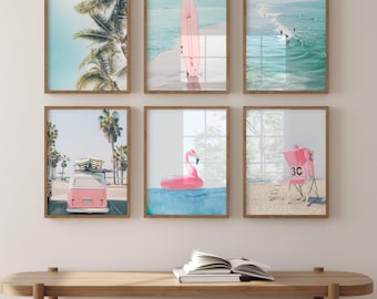 Set of 6 Surfboard Prints – Pastel Beach Wall Art Blue & Pink, Teen Girl Room Decor, Tropical Coastal Decor, Surf Photography – P6-15
