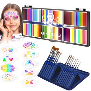 Face Paint Kit – 12 Color Kaleidoscope Palette, Brush Set & Stencil Sheets | Water Activated, Hypoallergenic, for Kids  Adults