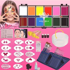 Face Paint Kit for Kids  Adults – 12 Colors Oil-Based Palette with Brushes, Stencils – Body Painting Gift Set for Beginners | Free Tutorial