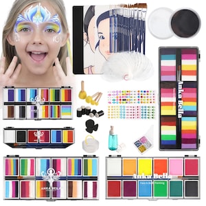 Professional Face Painting Kit – 4 Palette Set with Brushes, Stickers, Practice Board, Powder, Spray Bottle, Rinse Cup