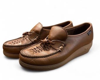 Zapatos mocasines de cuña de cuero hechos a mano Dexter Vintage color marrón claro para mujer, talla 7