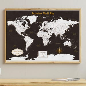 Canvas World Travel Map | Push Pin World Map Custom, Framed World Maps on Canvas | Personalized Push Pin World Map, Brown and Gold World Map
