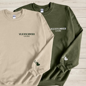 Custom Embroidered Roman Numeral Sweatshirt, Couple Shirt Initial On Sleeve, Anniversary Year, Personalized Date Hoodie, Valentines Day Gift