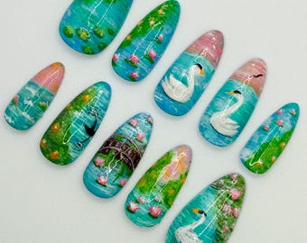 Unghie dipinte a mano ispirate a Monet + Impressionismo + Cigni + Ninfee