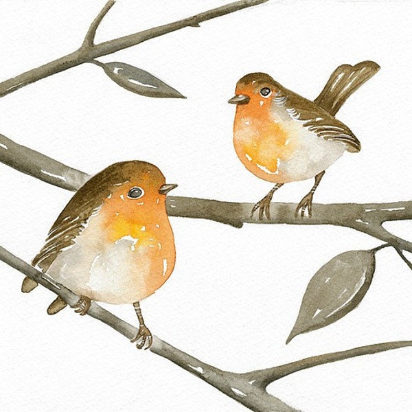 ROBINS - Original Watercolor Painting - Art Bird - by Lorisworld (8 x 6 inches)