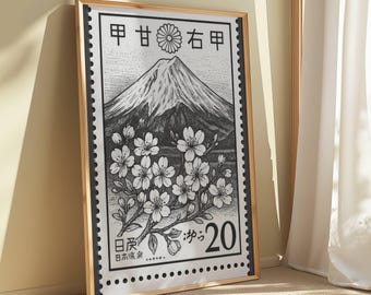 Vintage Japanese Stamp Art Print - Mount Fuji & Cherry Blossoms Poster - Retro Japan Travel Decor - Dorm Wall Art
