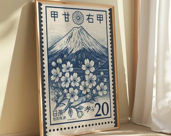 Vintage Japanese Stamp Art Print - Mount Fuji & Cherry Blossoms Poster - Retro Japan Travel Decor - Minimalist Wall Art Design