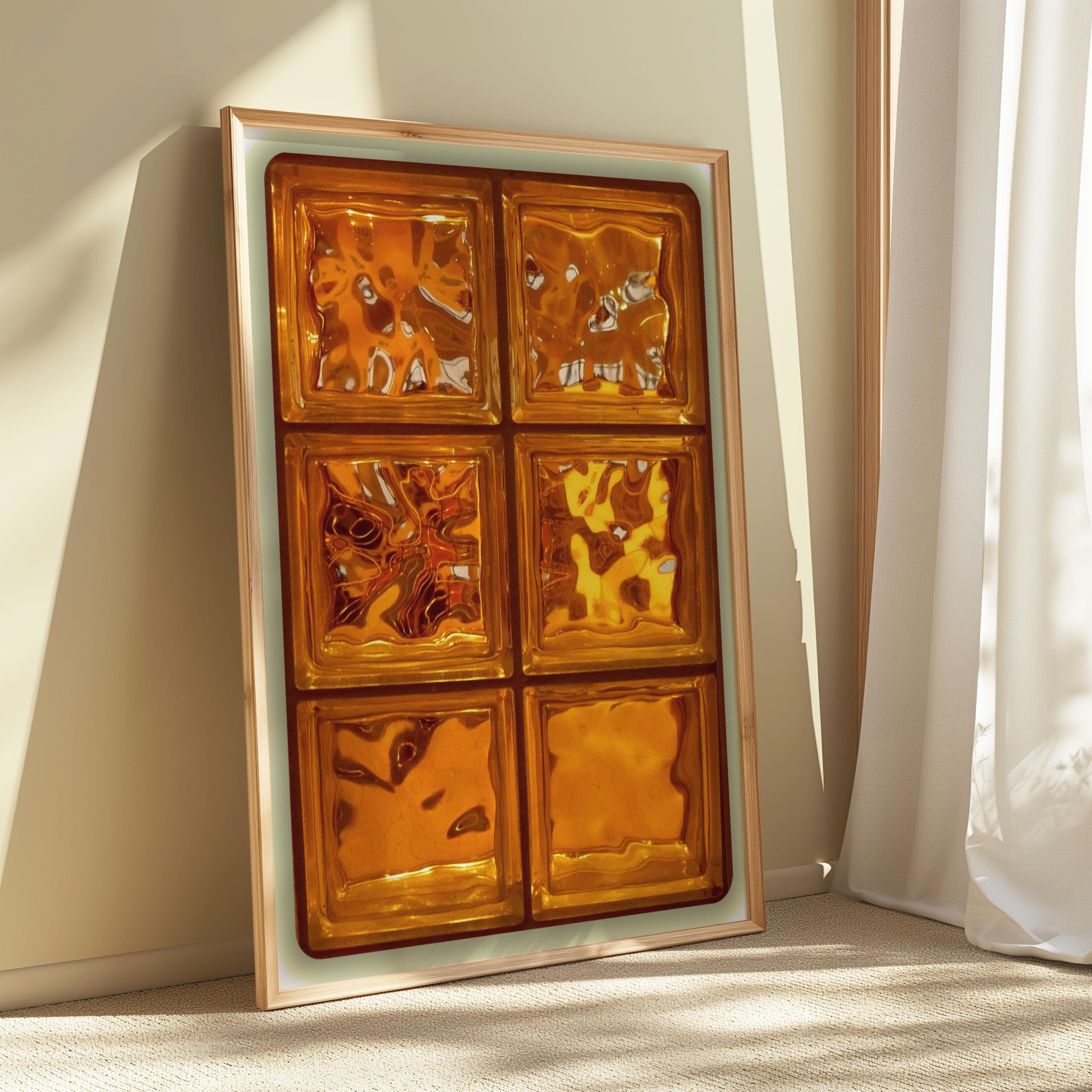 Amber Glass Tile Wall Art - Retro Orange Abstract Poster - Warm Textured Grid Print - Modern Minimalist Home - Dorm Decor