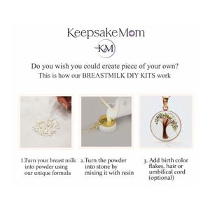 May include: Three images showing the steps to create a keepsake using breast milk. The first image shows a white powder being poured into a small container. The second image shows a clear resin being poured into a small gold pendant. The third image shows a finished pendant with a tree design and a gold chain.