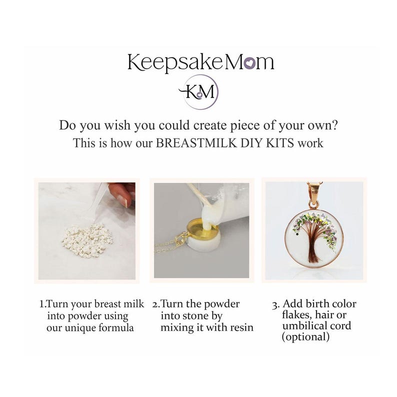 May include: Three images showing the steps to create a keepsake using breast milk. The first image shows a white powder being poured into a small container. The second image shows a clear resin being poured into a small gold pendant. The third image shows a finished pendant with a tree design and a gold chain.