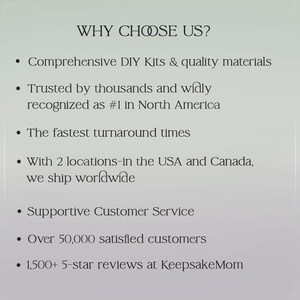 why choose us table for KeepsakeMom breastmilk jewelry DIY kits, it reads-comprehensive diy kits and quality materials, trusted by thousands and widely recognized as #1 in north America, the fastest turnaround times, with 2 locations-in the USA and Canada, we ship worldwide, supportive customer service, over 50,000satisfied customers, 1,500+ 5 -star reviews at KeepsakeMom diy kits