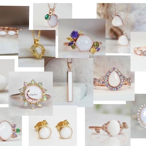 Peut inclure: Collection de bijoux en or rose avec des pendentifs, bagues et boucles d'oreilles en pierres blanches. Les bagues présentent divers motifs, dont une lune avec le nom "Sophie", une forme de goutte et un motif floral. Les colliers ont des pendentifs en forme de cœur et de barre.