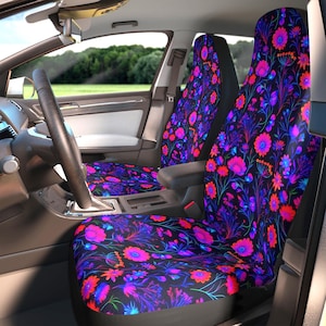 Vibrant Neon Floral Car Seat Covers | Boho Colorful Auto Seat Protectors