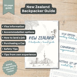 May include: A New Zealand Backpacker Guide with the text "New Zealand A backpacker's travel guide". The guide includes information on visas, accommodation, jobs, car purchases, safety, and tips. A bonus section offers house-sitting discount codes.