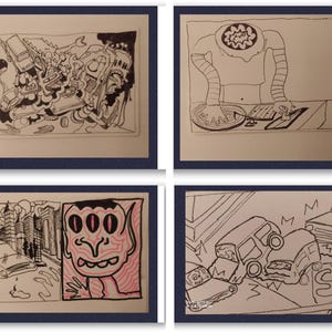 Quadretti in cornice nera, disegno originale di situazioni e incidenti stradali, dj , musica distopica pigmento su carta