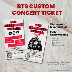 Könnte beinhalten: Individuelle BTS-Konzertkarten mit dem Text "BTS WORLD TOUR ARIRANG". Die Tickets sind weiß mit roten Akzenten und enthalten Datum, Veranstaltungsort und Sitzinformationen. Ein Ticket zeigt ein Foto der Band. Die Tickets sind wasserdicht und laminiert.