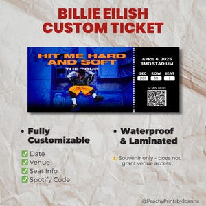 Billie Eilish „Hit Me Hard and Soft“ Tour-Eintrittskarte – Individuelles Konzert-Souvenir | Personalisiertes laminiertes Andenken mit QR-Code