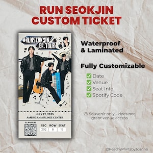 Jin BTS Souvenir-Konzertkarte - Individuell laminiertes RunSeokjin-Andenken | Personalisierte Konzert-Karte mit QR-Code | Kpop Geschenk für ARMY