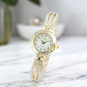 Women’s Gold Crystal Watch – Dainty Luxury Bracelet Watch, Chic Jewelry-Inspired Timepiece, Anniversary Gift, Elegant Wristwatch